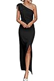 PRETTYGARDEN Women's Summer One Shoulder Long Formal Dresses Sleeveless Ruched Bodycon Wedding Guest Slit Maxi Dress (Black,Medium)