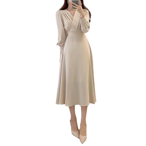 Women Korean Chic Vintage Dresses V-Neck High Waist Thin Elegant Temperament Long-Sleeved Knee-Length Dress Apricot XL