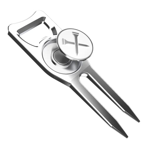 Blue Tees Golf 6-in-1 Premium Divot Tool & Ball Marker - Bottle Opener - Club Tee - Groove Cleaner - Putting Alignment - Designed to Be the Ultimate Tool for the Green – Silver