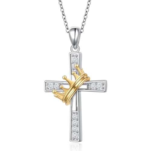 DAOSHANG 925 Sterling Silver Cubic Zircon Cross Necklaces with 18K Crown Pendant Necklace For Women Adjustable Chain 18+2" Faith Present Jewelry Birthday Chrismas Valentine's Day for Friend