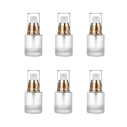 Doromy 6Pcs Refillable Frosted Glass Lotion Pump Bottles Empty Comestic Bottles Travel Containers 20ml/0.67Oz with Pump Dispensers For Makeup Cream Emulsion Lotion Essential Oils(Golden caps)
