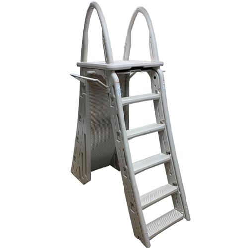 Confer Plastics 7200 Roll Guard 48" to 56" Adjustable A Frame Safety Ladder for Above Ground Outdoor Patio Swimming Pool Platform Ladder with Step Barrier, Warm Grey…