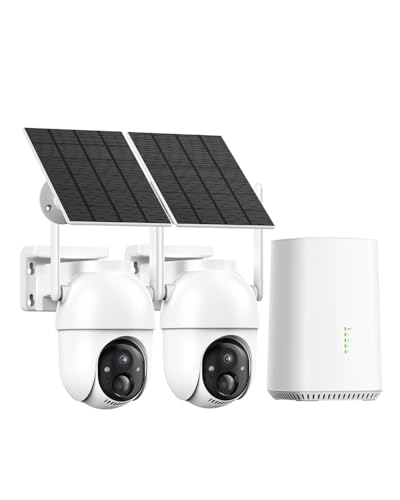Aume Security Cameras Wireless Outdoor, 2 Cam Kit, No Subscription, Solar Powered Home Security Cameras System, 360° Panoramic View, 2K Color Night Vision, PIR Alerts, Support 5G & 2.4G WiFi Router