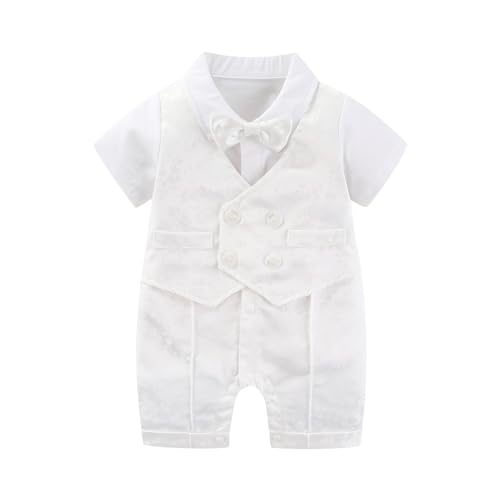 Hresadio Baptism Outfits for Baby boys Christening Outfit Dress Shirt Romper Bowtie Newborn Tuxedo Jumpsuit Formal Suit White 12-18 Months