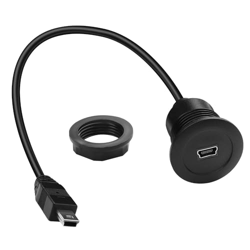 QIANRENON Mini USB Flush Mount Charging Short Cable Adapter Mini USB Male to Female Threaded Fixed Mount Data Connector Cable 480Mbps 5V 2A, Mount Car RV Boat Dashboard Desktop, 30cm/11.8in