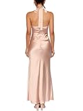 firfig Women's Halter Tie Neck Satin Dress Sleeveless Open Back Criss Cross Cutout Split Hem Slip Wedding Party Maxi Dress, Champagne XS