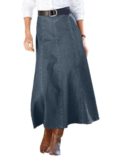 Flamingals A-Line High Rise Vintage Wash Stitch Detail Long Denim Skirt Without Belt Deep Blue L