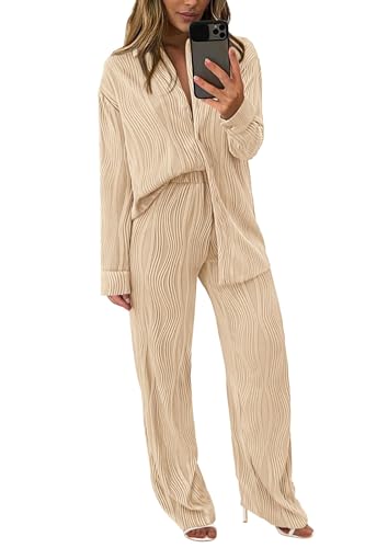 PRETTYGARDEN Women's 2 Piece Textured Sets Casual Button Down Shirt Wide Leg Pants Outfit Loungewear Tracksuit (Apricot,Medium)