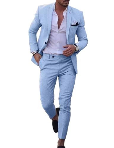UNINUKOO Mens 2 Piece Suit Linen Summer Top Blazer Pants Sets Beach Wedding Wear Vacation Prom Suits for Men US Size L Sky Blue