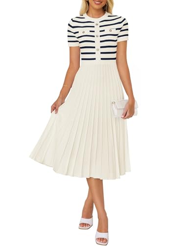 ZESICA Women's 2025 Casual Striped Midi Dress Crewneck Short Sleeve Button Ribbed Knit Swing Pleated A Line Dresses,Beige,Medium