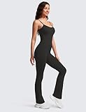 CRZ YOGA Butterluxe Flare Jumpsuits for Women Spaghetti Strap Workout Athletic Onesie Square Neck Bodysuits with Built in Bra Black X-Small