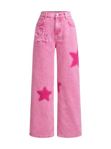Floerns Girls Elastic Waist Distressed Ripped Straight Leg Denim Jeans Pink Star 10Y