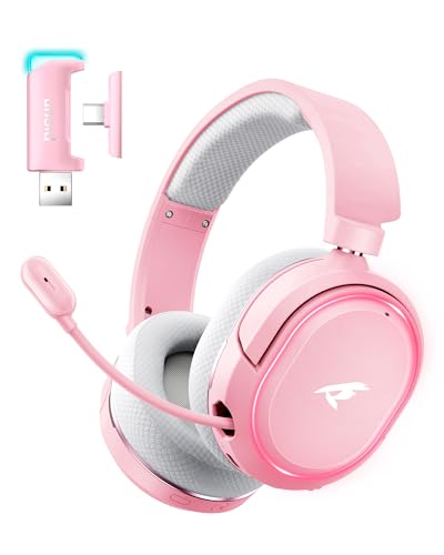 Wireless Gaming Headset, 7.1 Surround Sound, 2.4GHz USB Gaming Headphones with Bluetooth 5.4, 100H Battery, ENC Noise Canceling Mic, RGB Light, Wireless Headset for PC PS5 PS4 Mac Switch (Gray-Pink)