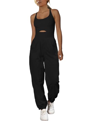 SENSERISE Womens Athletic Romper Workout Onesie Hiking Jumpsuit Running Outfit One Piece Activewear with Pockets(Black,M)