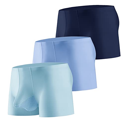 Evankin Mens Ice Silk Underwear with Bulge Pouch Breathable Cool Boxer Briefs Ultra-thin Stretch Boxers(AquaBlue/Blue/RoyalBlue,M)