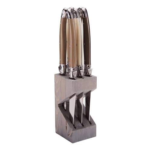 Jean Dubost Laguiole 6-Piece Steak Knife Set, Linen Handles - 1.2 mm Blades - Rust-Resistant Stainless Steel - Includes Wooden Block - Made in France