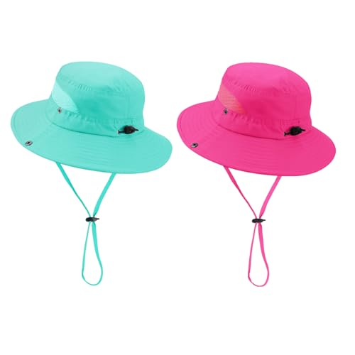 Century Star Outdoor Kids Sun Hat UPF 50+ Quick Dry Adjustable Bucket Hat Windproof Waterproof Beach Fishing Safari Hat 2Pcs Rose Red & Lake Blue 5-13T