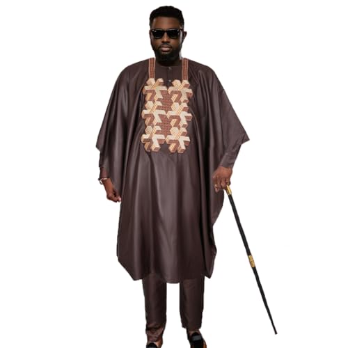 HD African Traditional Attire Yoruba Agbada Outfit Embroidery Brown Boubou Caftan Nigerian Man Clothes L