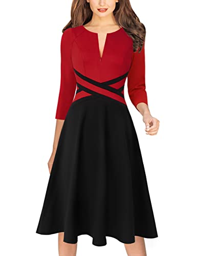 VFSHOW Womens Red Black Patchwork Front Zipper Slim Work Business Office A-Line Dress 9942 RED XXL