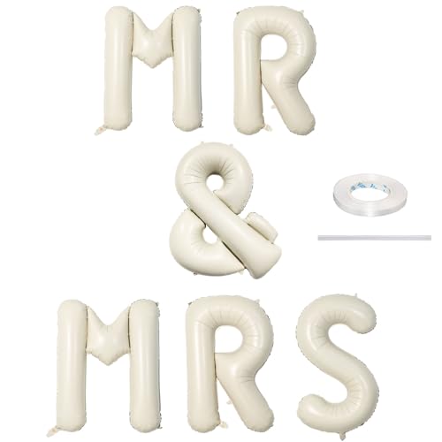 40 Inch Beige MR & MRS Balloons for Wedding Decor, Large Cream Mr and Mrs Foil Balloon Letter, Ivory White Sand Mr to Mrs Banner Sign for Bride Groom Engagement Couple Sweetheart Party Decorations