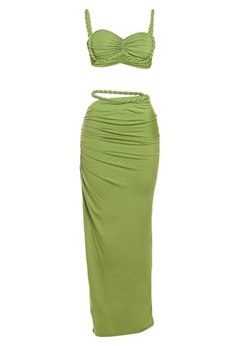 Women's Two Piece Skirt Sets Summer Beach Sexy Ruched Backless Cami Top and Cut Out Skirt Night Out Dress Green
