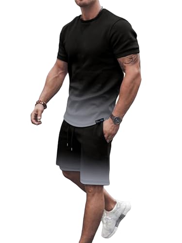 GORGLITTER Men's Plus 2 Piece Outfits Ombre Short Sleeve T Shirt and Shorts Set Casual Sport Sweatsuit Black 6XL