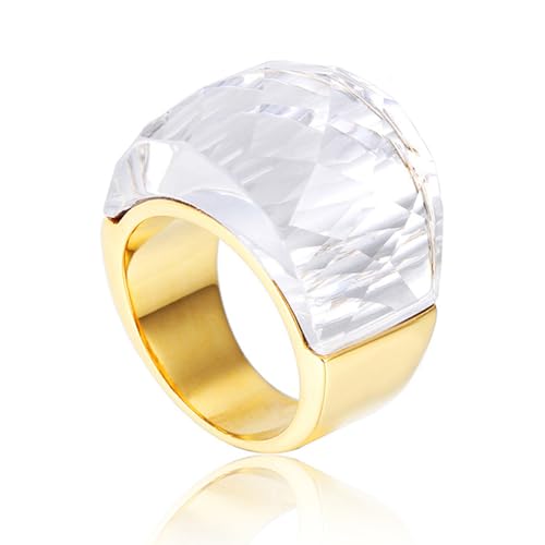 OIDIMS Crystal Glass Stainless Steel Band Ring Gold Plated Fashion Exaggerated Cubic Zirconia Rings Women's Stunning Large Statement Rhinestone Bands Cocktail Party for Ladies Birthday (Clear,8)