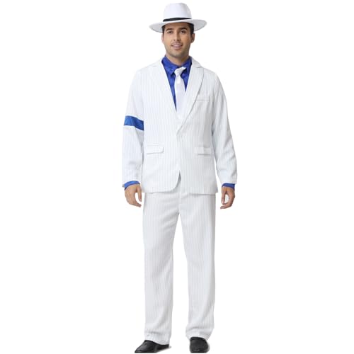 CHIGUO Men's White Striped Blue Armband Suit 70s Party Halloween Cosplay Costumes