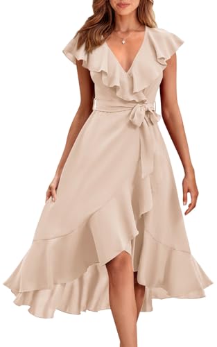 PRETTYGARDEN Women's Summer Cross Maxi Dress Casual Boho Deep V Neck Short Sleeve Ruffle Hem Split Beach Long Dresses (Apricot,Medium)