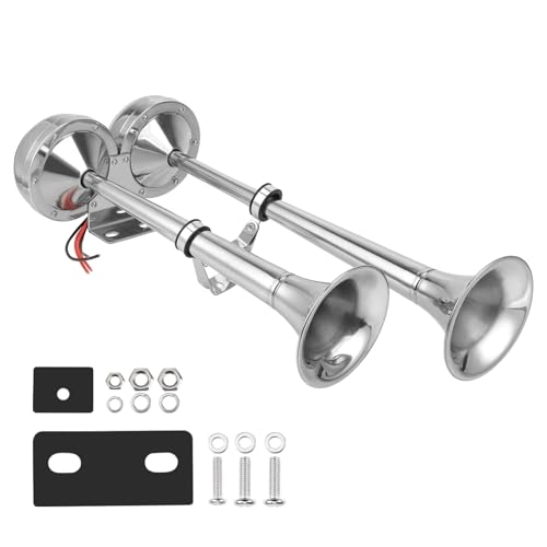 Ricmjend 12V Marine Boat horn Waterproof Stainless Steel Dual Trumpet for Ship Truck RV Trailer Pickup Van Bus Touring Car (Dual Trumpet Horn)