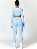 2 Piece Workout Sets for Women Long Sleeve Crop Tops and Yoga Pants Outfits High Waist Flared Leggings Gym Sets Blue S