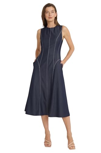 Maggy London Women's Sleeveless A-Line Midi Dress-Contrast Stitch Detail with Round Neckline and Side Pockets, Indigo Denim