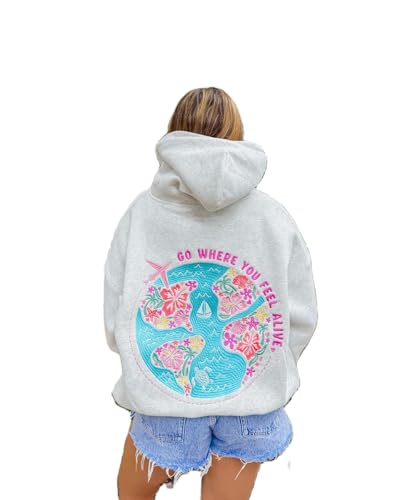 NEVUQO Hawaii Beach Graphic Hoodies for Women Teen Girls Flower Embroidery Oversized Hooded Sweatshirts Vintage Y2k Hoodie