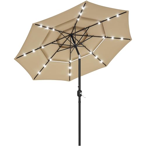 Yaheetech 10ft 3-Tier Vented Solar Patio Umbrella, Table Outdoor Market Umbrella with 24 LED Lights, 8 Sturdy Ribs Beach Umbrella with Tilt and Crank for Garden, Deck, Tan