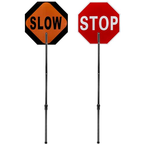 Kanayu 1 Pcs 18x18 Inch Flagger Helper Slow Stop Paddle Signs with 60'' Telescopic Stretchable Staff Double Sided Stop/Slow Paddle Honeycomb Reflective Road Stop Signs for Road Traffic Construction