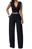 Pink Queen Women's Elegant V Neck Long Loose Belted Rompers Jumpsuits Black Large