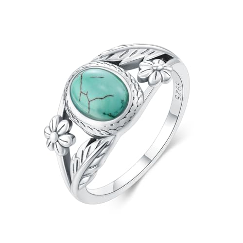 Turquoise Ring for Women 925 Sterling Silver Leaf Ring Leaf Turquoise Ring Western Oval Bohemia Jewelry Vintage Inspired Ring Gift for Women Wife Mom (7)