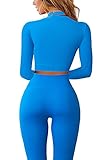 QINSEN Active Wear Outfits For Women Long Sleeve Crop Tops for Women 2 Piece High Waisted Ruched Back Yoga Outfits Active Leggings L