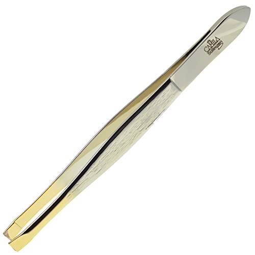 Camila Solingen CS31 3 1/2" Gold Tipped, Surgical Grade, German Stainless Steel Tweezers (Straight) - Flawless Facial Hair and Eyebrow Shaping and Removal for Men/Women