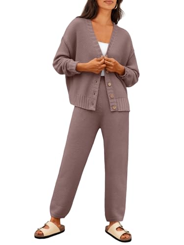 LILLUSORY Womens 2 Two Piece Lounge Sets Sweater Matching Loungewear 2025 Fall Winter Fashion Trendy Cozy Comfy Knit Cardigan Pant Wear Clothing Airport Outfits Travel Clothes Nutmeg L