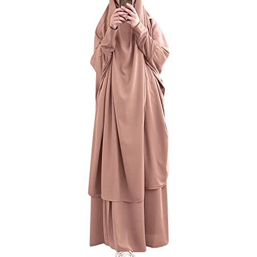 IKADEX Prayer Clothes for Muslim Women Islamic Abaya Suit Maxi Skirt + Khimar Hijab 2pcss Burka Jilbab Kaftan Khaki