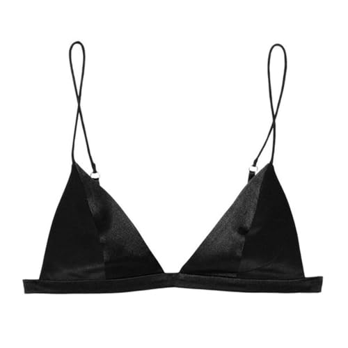 SilRiver Women's Silk Satin Triangle Bralette Soft Cup Wireless Bra Smooth and Comfortable Wire Free Bra Top (Medium, Black)