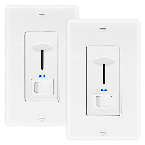 Maxxima Dimmer Electrical Light Switch - Featuring Blue Indicator Light, LED Compatible, 3-Way/Single Pole Use, 600 Watt Max, Dimmable Lamp and Lighting Control, Wall Plate Included - 2 Pack