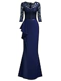 MISSMAY Women's Vintage Floral Lace Ruffle Half Sleeve Evening Party Formal Long Dress (Large, Navy Blue)