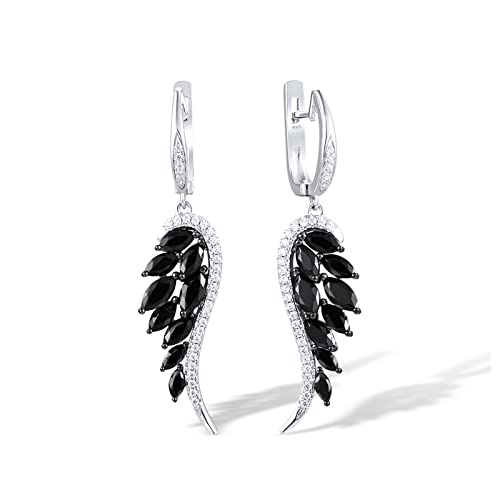 Santuzza 925 Sterling Silver Angel Wings Earrings Black Spinel Cubic Zirconia Feather Wing Drop Earrings for Women