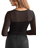 REORIA Women's Fall Sexy Round Neck Front Twist Knot Long Sleeve Sheer Mesh Slimming Ruched Trendy Going Out Bodysuit Tops for Night Out Black Small