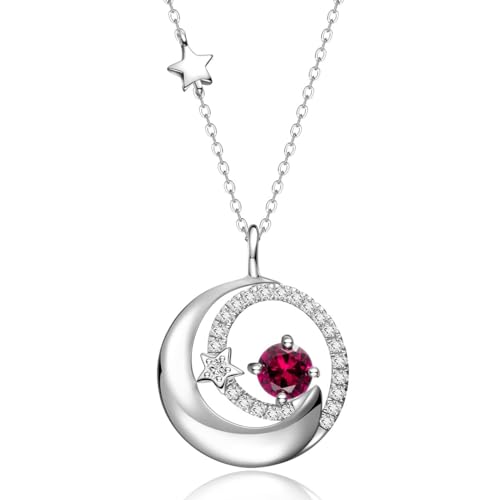 FANCIME Ruby Necklace 925 Sterling Silver July Birthstone Moon Star Pendant Red Created Gemstone Fine Jewelry Birthday Anniversary Christmas Gifts for Women Daughter, Adjustable Chain 16"+2"