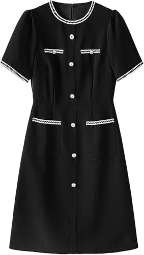 Women's French Style Patchwork Dress Summer Slim Short Sleeve Office Lady Formal Dresses(Black,Medium)
