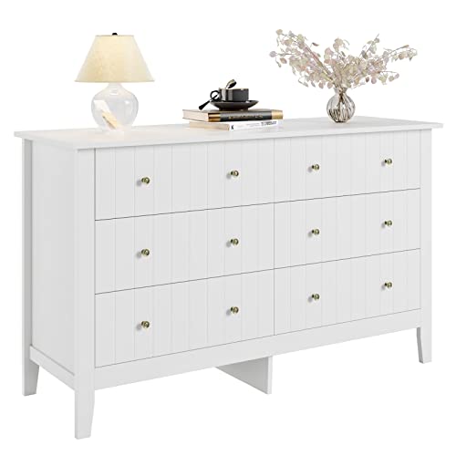 FOTOSOK White Dresser, Chest of Drawers, Modern 6 Drawer Double Dresser with Deep Drawers, Nursery Dresser for Baby, Wide Storage Organizer Cabinet for Living Room, Hallway,White