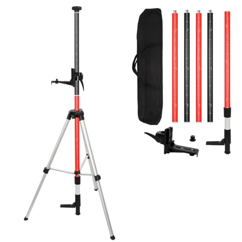12Ft/3.7M Professional Telescoping Laser Level Pole with Tripod & Universal Mount - 1/4”-20 & 5/8”-11 Adapters | Adjustable Laser Pole Mount for Rotary/Line Lasers(Black&Red)